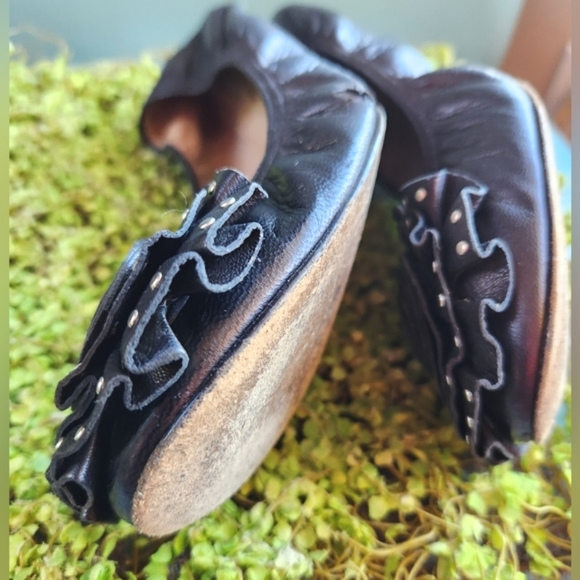 VALENTINO Black Luxe Leather Ornate Silver Studs Rosette Toes Ballet Flats Shoes - Picture 10 of 15